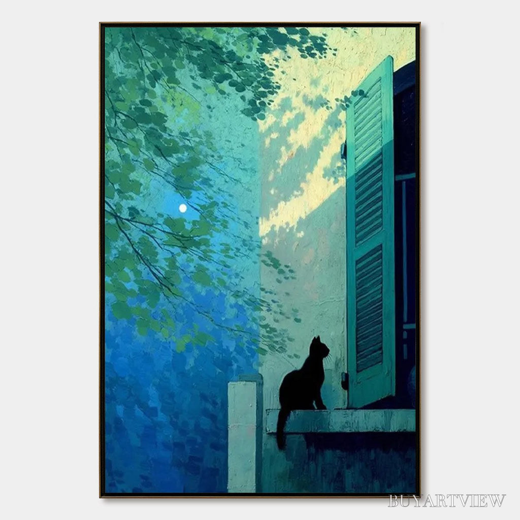 ARTOVITAS Twilight Perch – Minimalist Night Window Cat Oil Painting - image 1