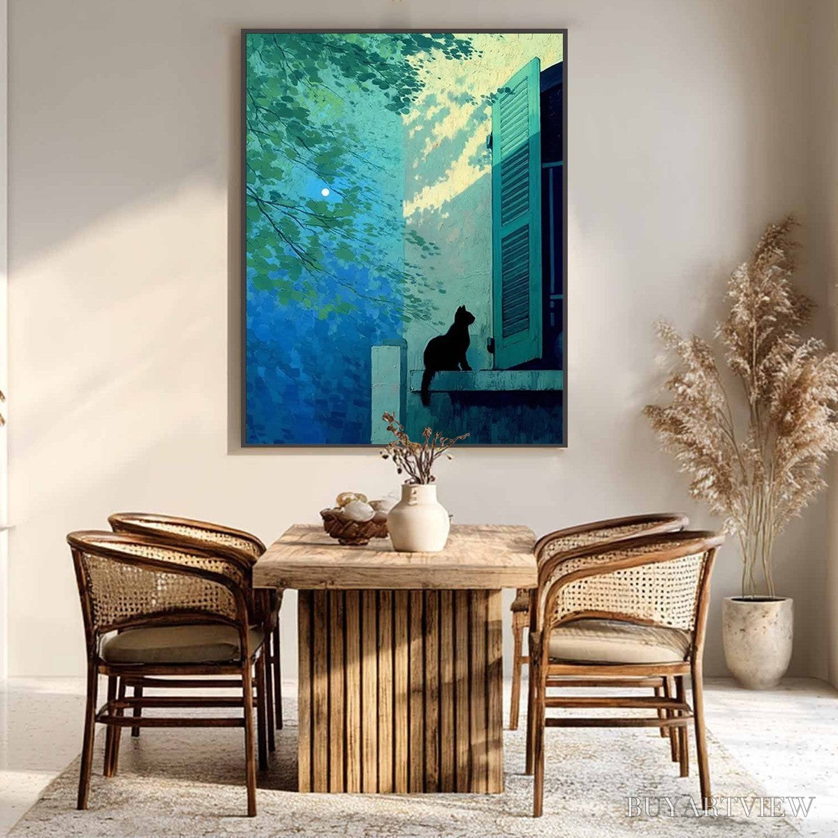 ARTOVITAS Twilight Perch – Minimalist Night Window Cat Oil Painting - image 2