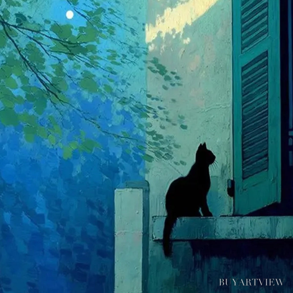 ARTOVITAS Twilight Perch – Minimalist Night Window Cat Oil Painting - image 3