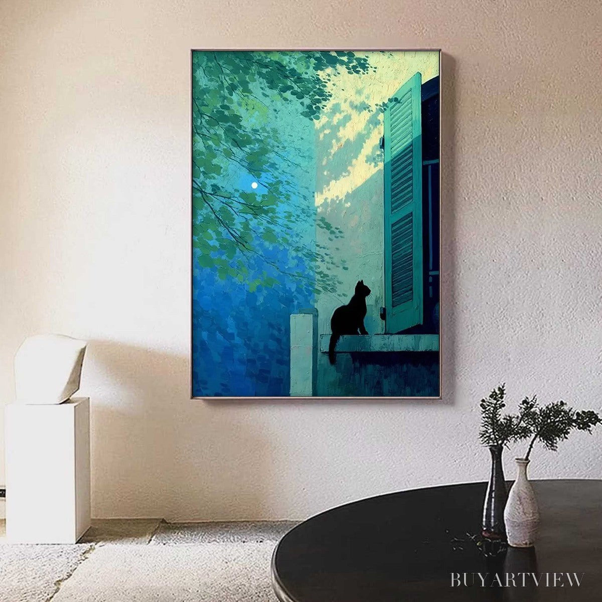 ARTOVITAS Twilight Perch – Minimalist Night Window Cat Oil Painting - image 4