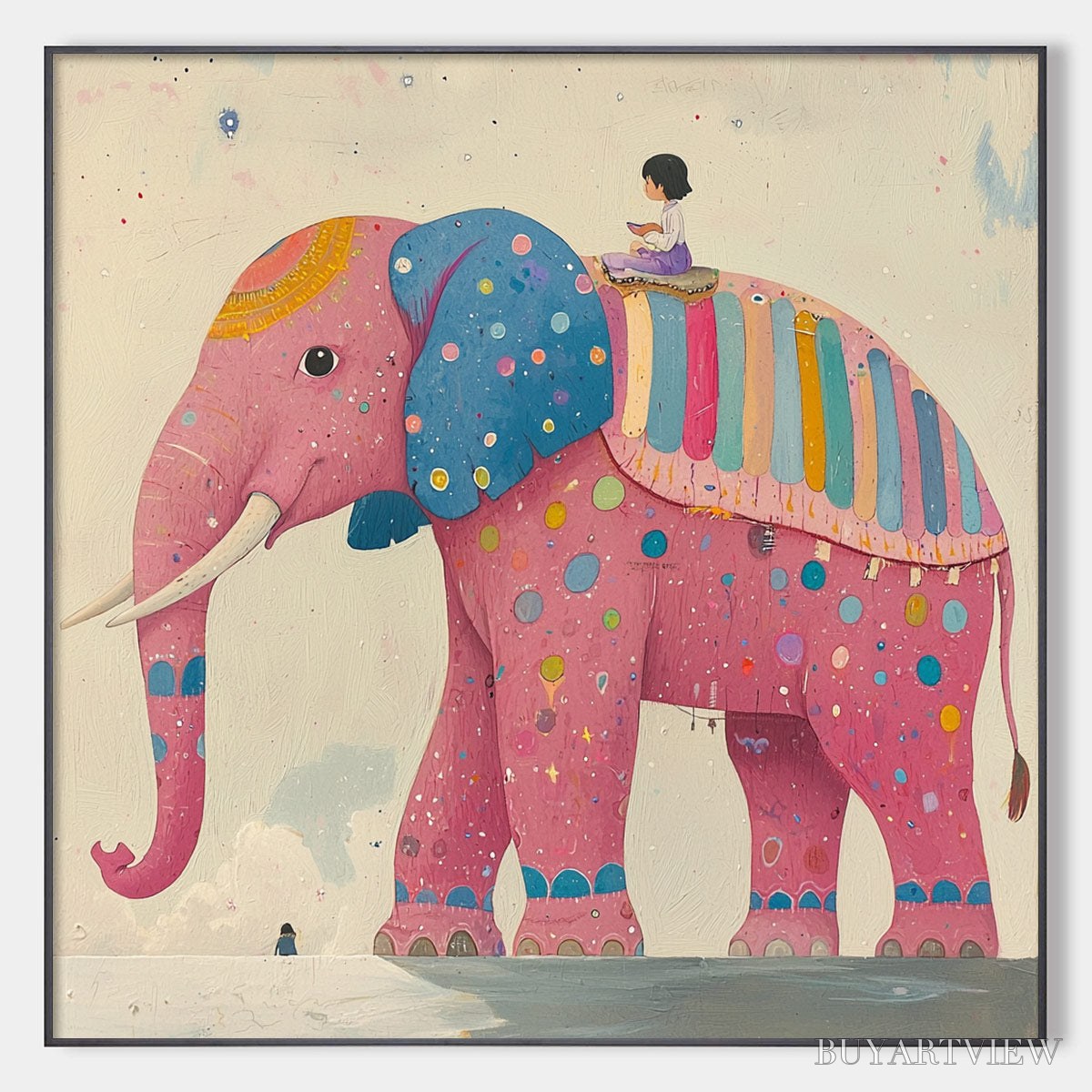 ARTOVITAS Elephant Dreams – Whimsical Pink Elephant and Child Oil Painting - image 1
