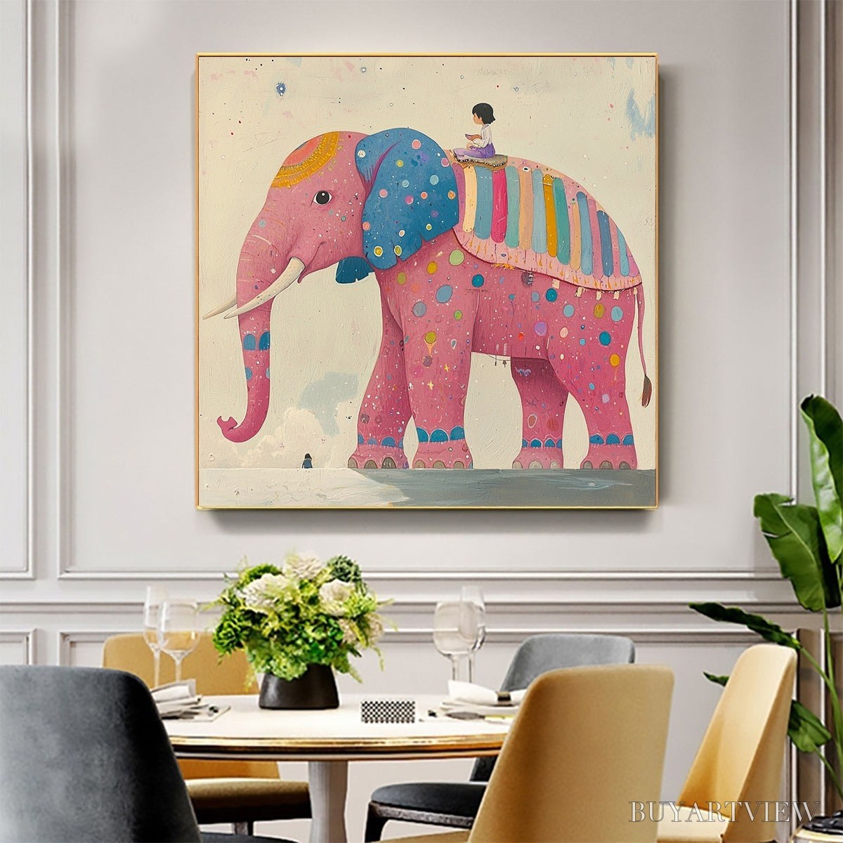 ARTOVITAS Elephant Dreams – Whimsical Pink Elephant and Child Oil Painting - image 2