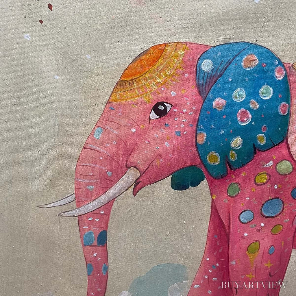 ARTOVITAS Elephant Dreams – Whimsical Pink Elephant and Child Oil Painting - image 3