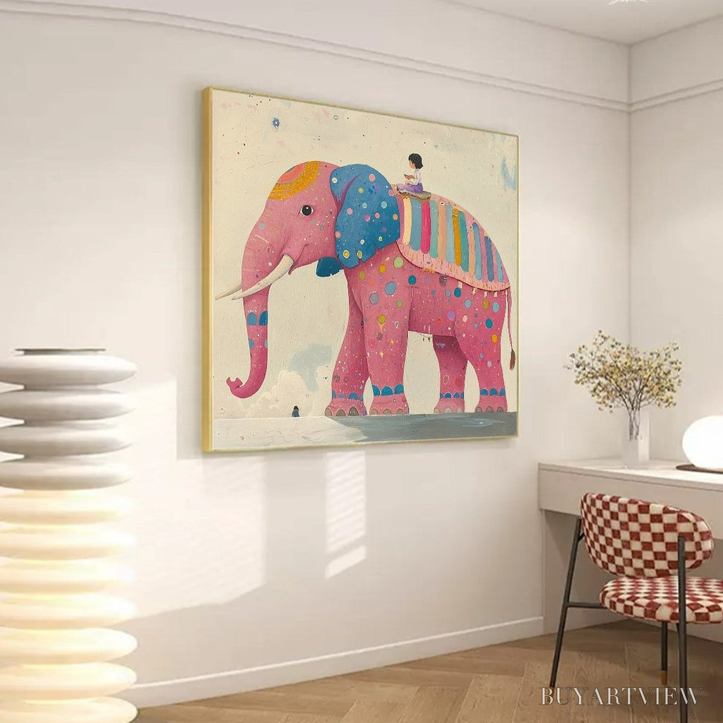 ARTOVITAS Elephant Dreams – Whimsical Pink Elephant and Child Oil Painting - image 4