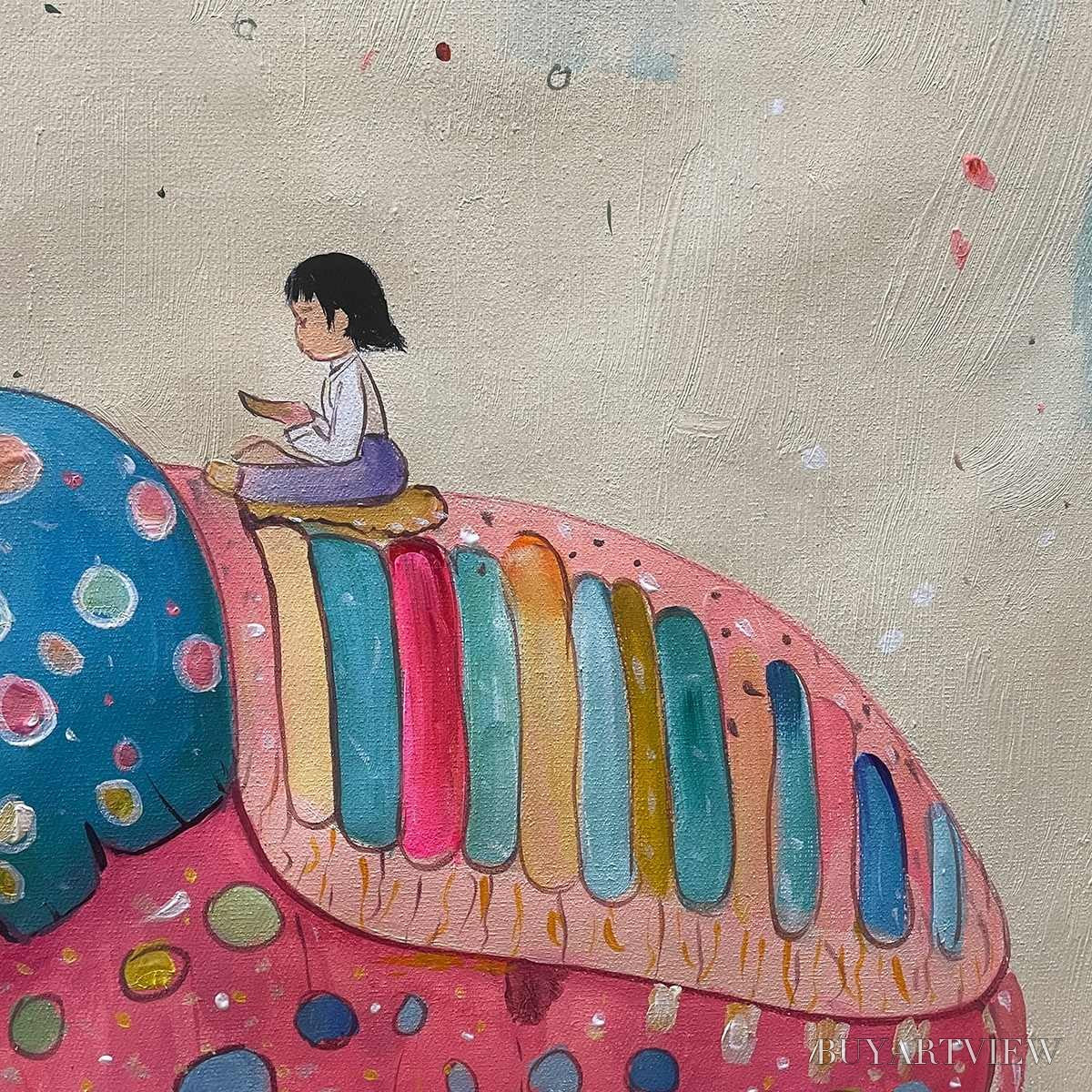 ARTOVITAS Elephant Dreams – Whimsical Pink Elephant and Child Oil Painting - image 5