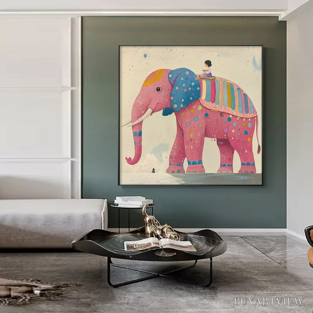 ARTOVITAS Elephant Dreams – Whimsical Pink Elephant and Child Oil Painting - image 6