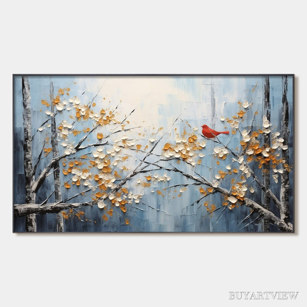 ARTOVITAS Red Bird On Branches – Horizontal Impasto Painting, Bird on Blossoming Branches, Textured , Blue - image 1