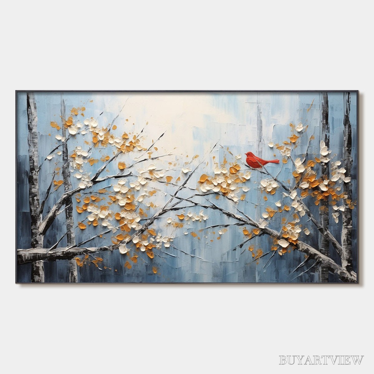 ARTOVITAS Red Bird On Branches – Horizontal Impasto Painting, Bird on Blossoming Branches, Textured , Blue - image 1