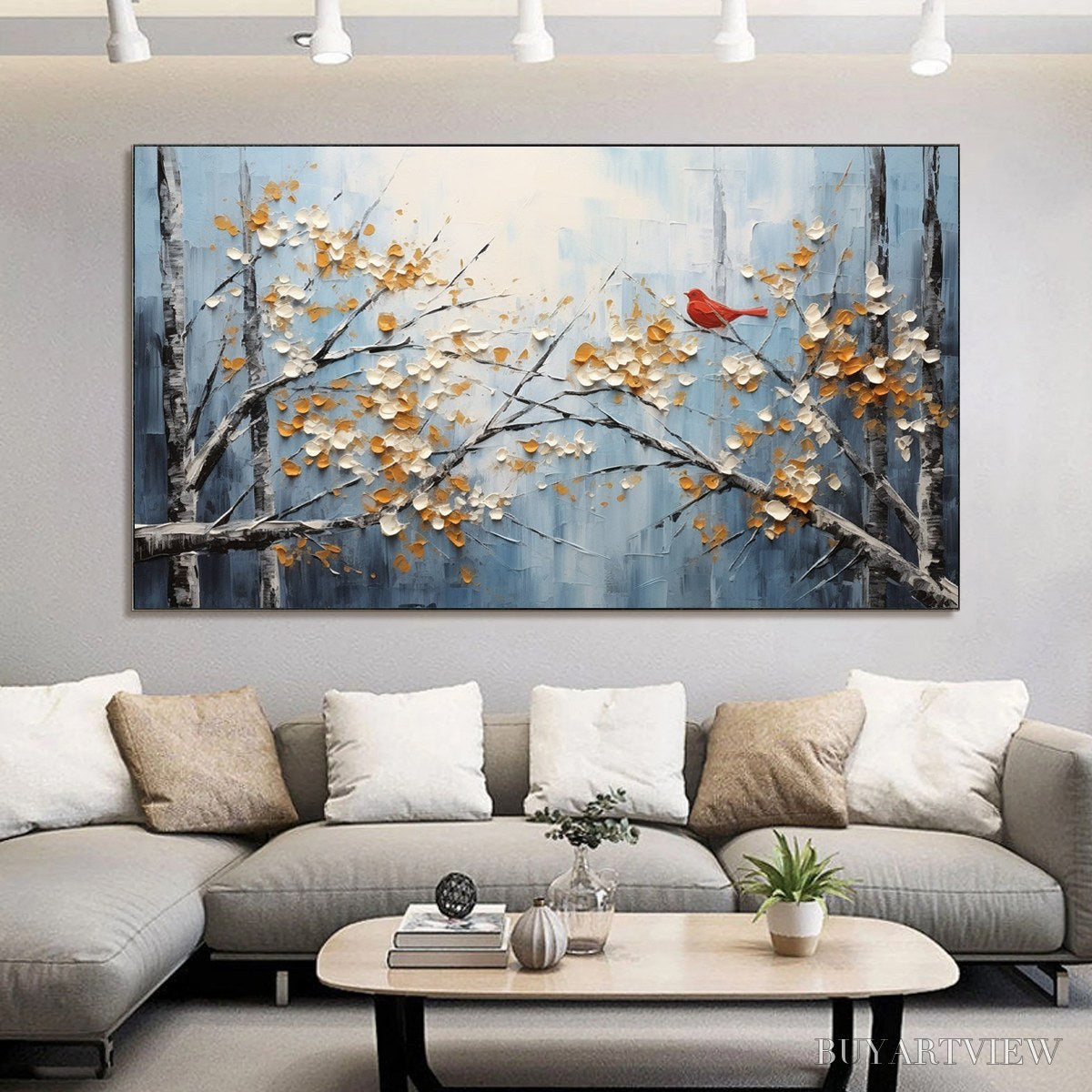 ARTOVITAS Red Bird On Branches – Horizontal Impasto Painting, Bird on Blossoming Branches, Textured , Blue - image 2