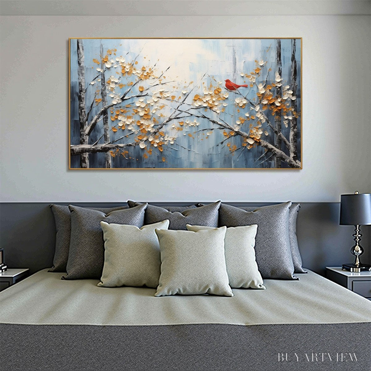 ARTOVITAS Red Bird On Branches – Horizontal Impasto Painting, Bird on Blossoming Branches, Textured , Blue - image 4