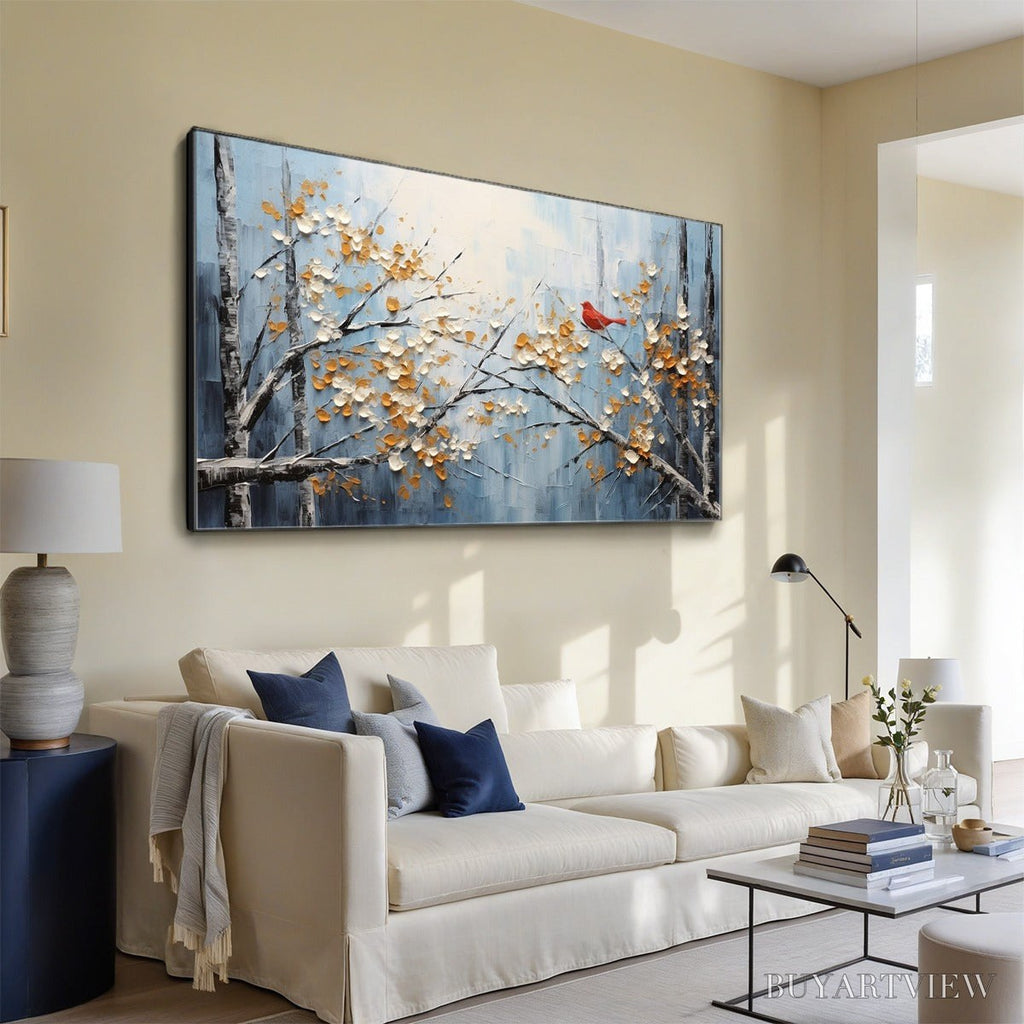 ARTOVITAS Red Bird On Branches – Horizontal Impasto Painting, Bird on Blossoming Branches, Textured , Blue - image 5