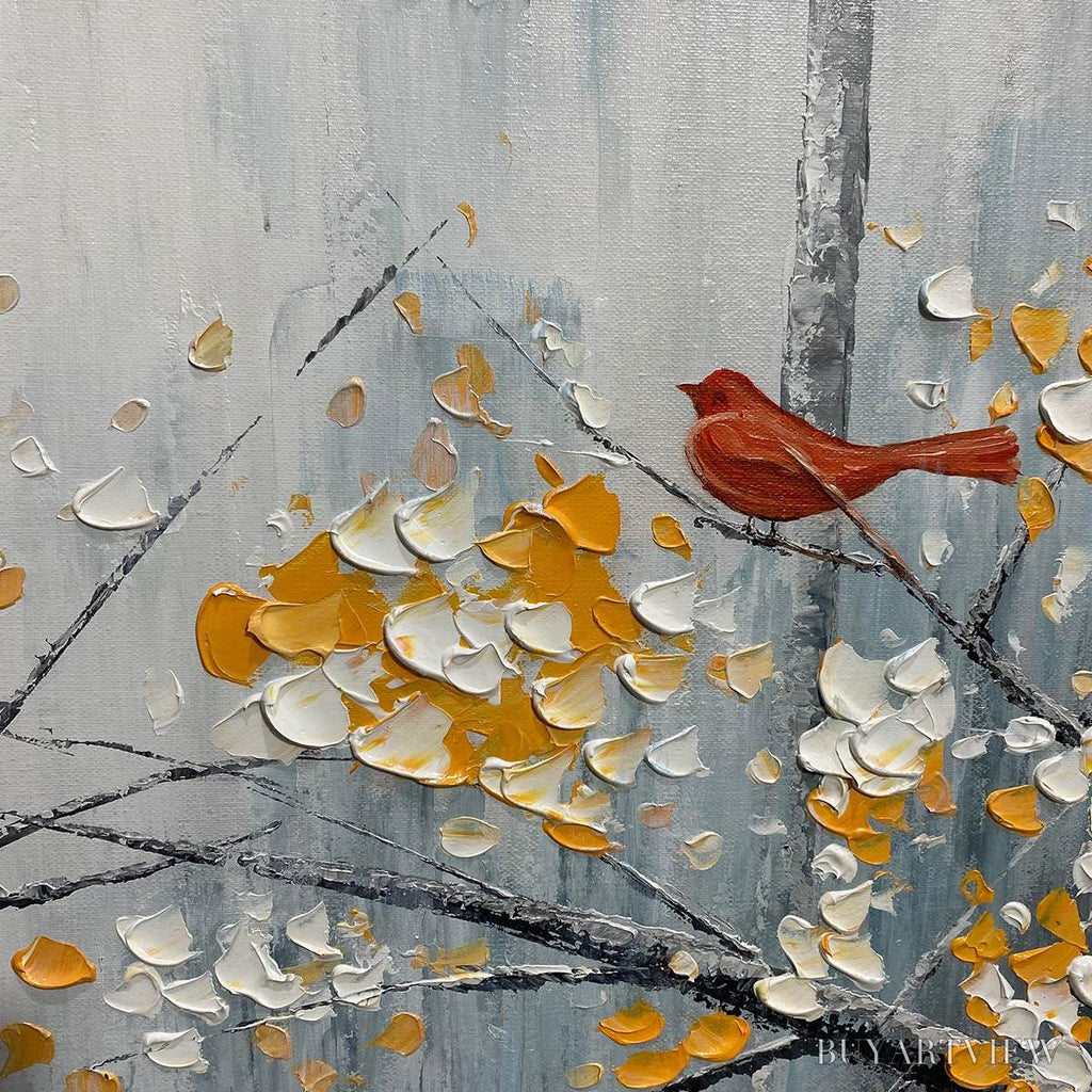 ARTOVITAS Red Bird On Branches – Horizontal Impasto Painting, Bird on Blossoming Branches, Textured , Blue - image 6