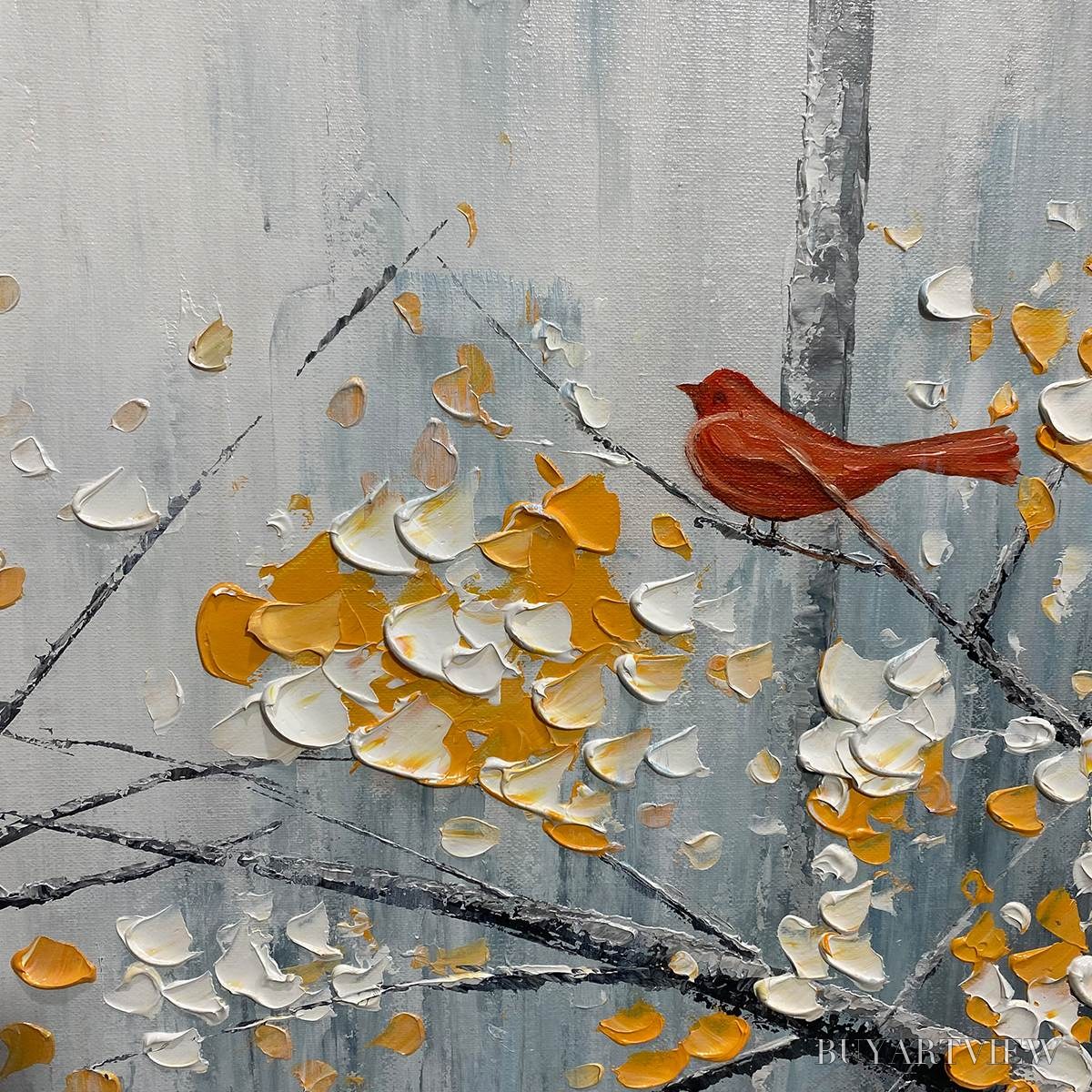 ARTOVITAS Red Bird On Branches – Horizontal Impasto Painting, Bird on Blossoming Branches, Textured , Blue - image 6
