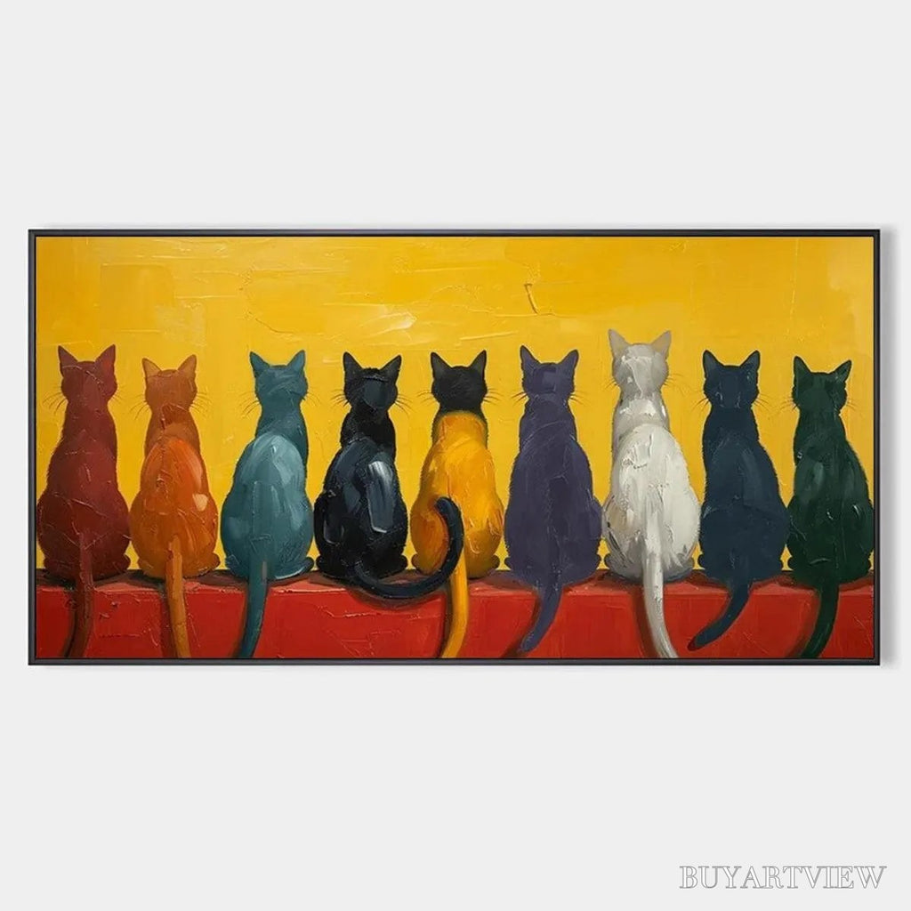 ARTOVITAS Cats in A Row – Whimsical Cat Painting, Textured , Panoramic Canvas, Pet Decor - image 1