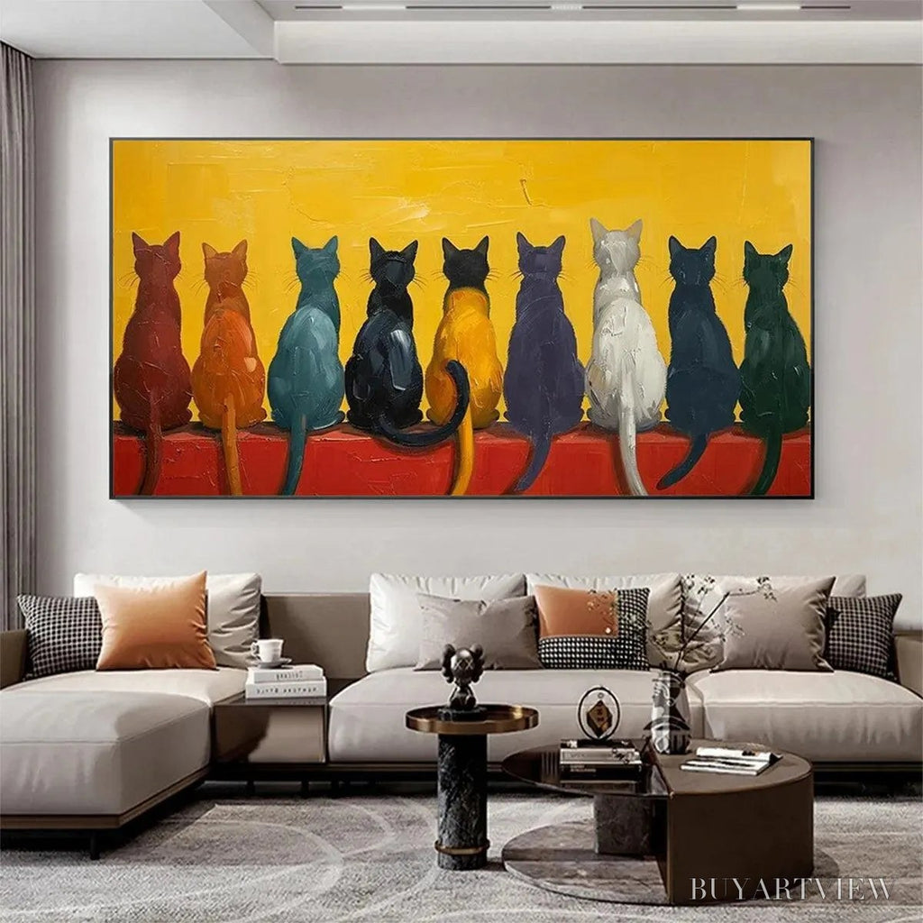 ARTOVITAS Cats in A Row – Whimsical Cat Painting, Textured , Panoramic Canvas, Pet Decor - image 2