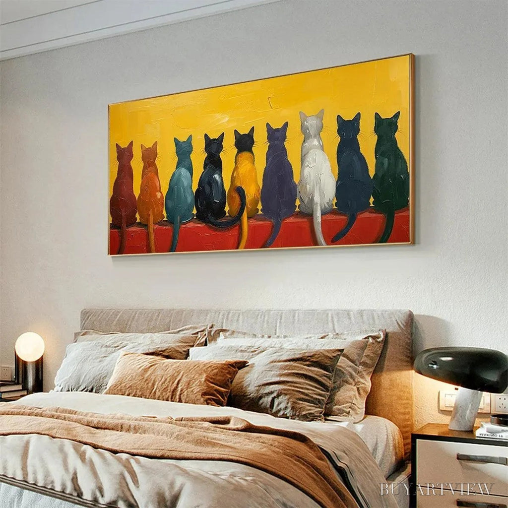 ARTOVITAS Cats in A Row – Whimsical Cat Painting, Textured , Panoramic Canvas, Pet Decor - image 5