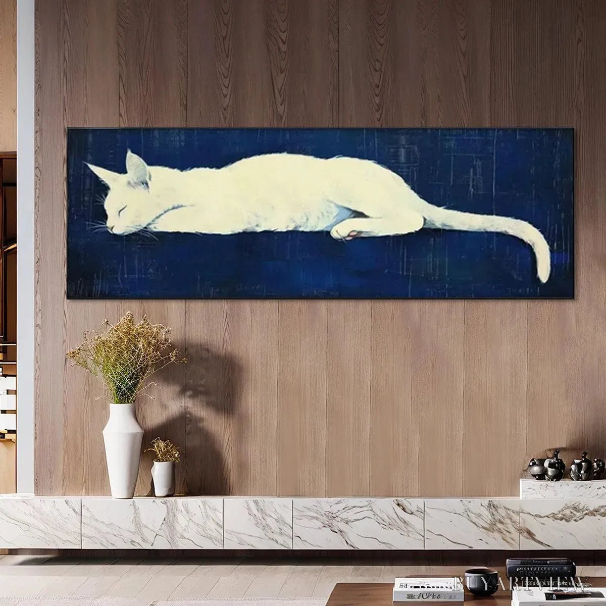 ARTOVITAS Sleeping White Cat Panoramic – Cat Painting, Panoramic , Pet Portrait - image 4