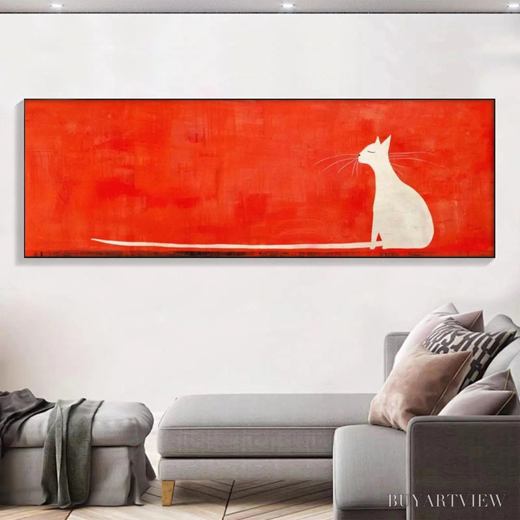 ARTOVITAS Minimalist Cat On Red Panoramic – Cat Painting, Panoramic , Minimalist Decor - image 2