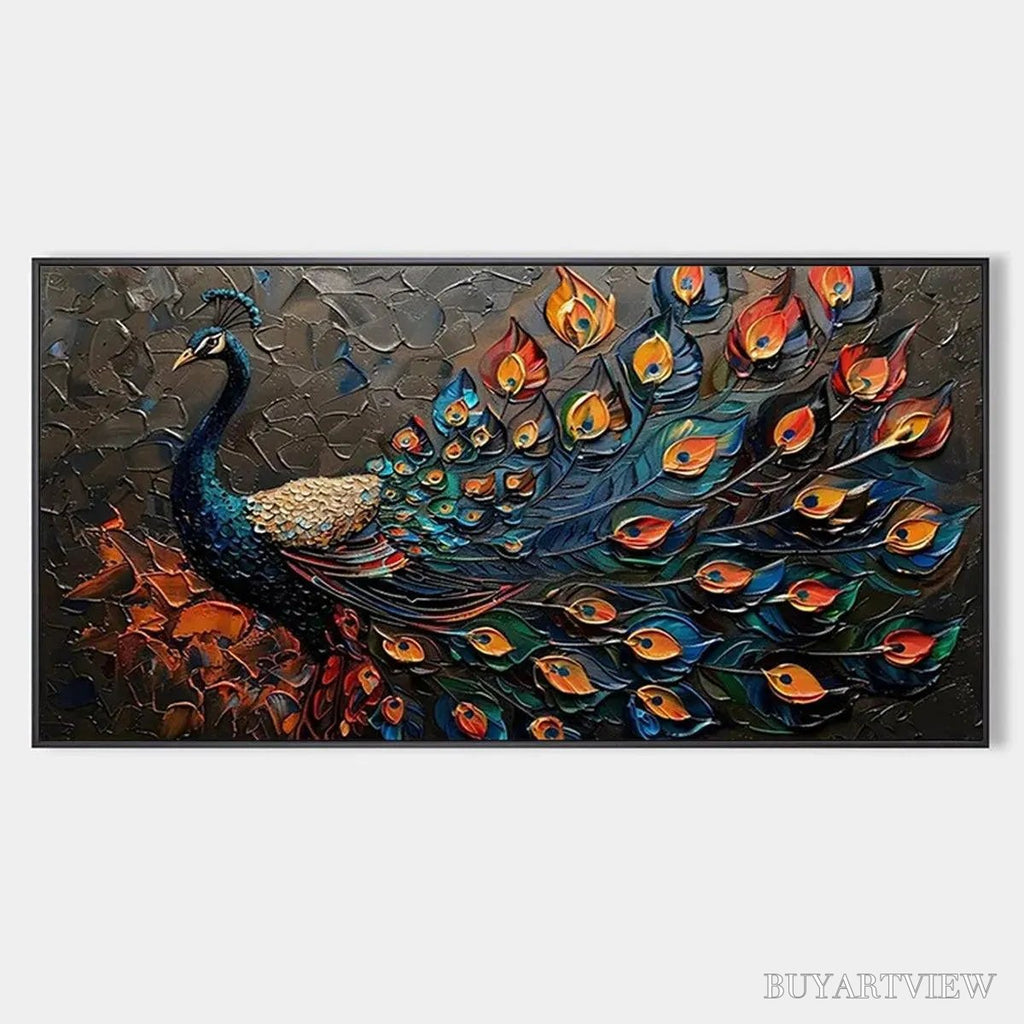ARTOVITAS Majestic Plumage – Textured Peacock Painting, Impasto , Horizontal Canvas, Animal Decor - image 1