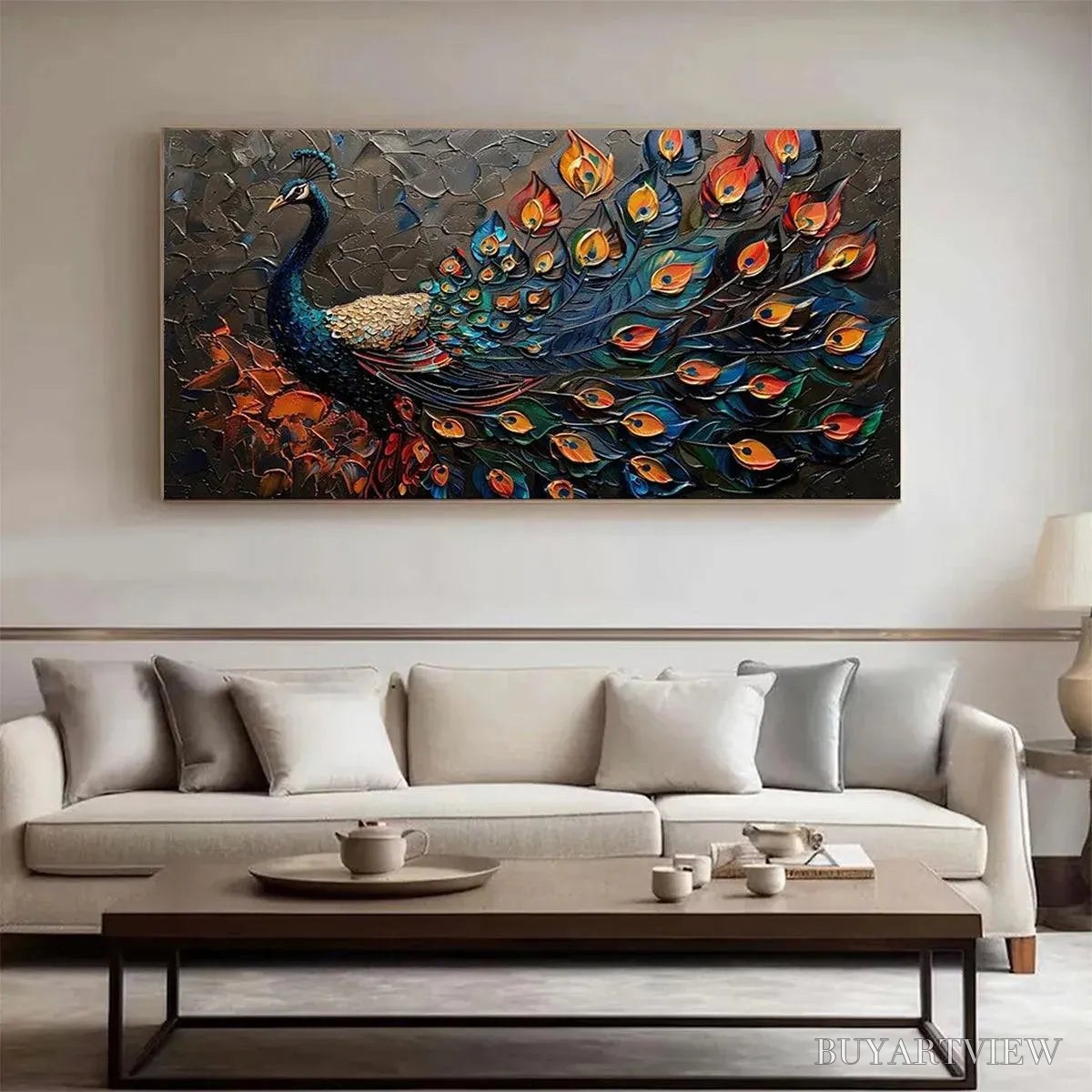 ARTOVITAS Majestic Plumage – Textured Peacock Painting, Impasto , Horizontal Canvas, Animal Decor - image 2