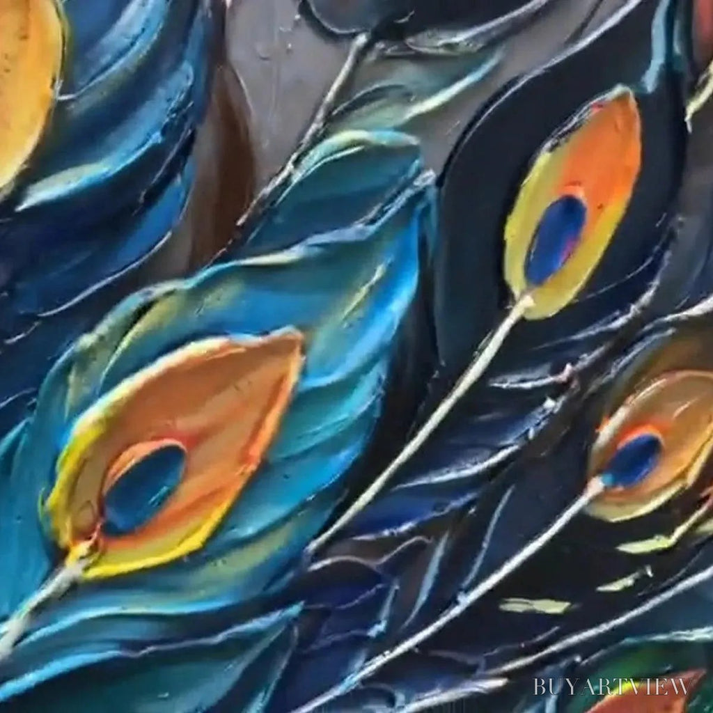 ARTOVITAS Majestic Plumage – Textured Peacock Painting, Impasto , Horizontal Canvas, Animal Decor - image 3