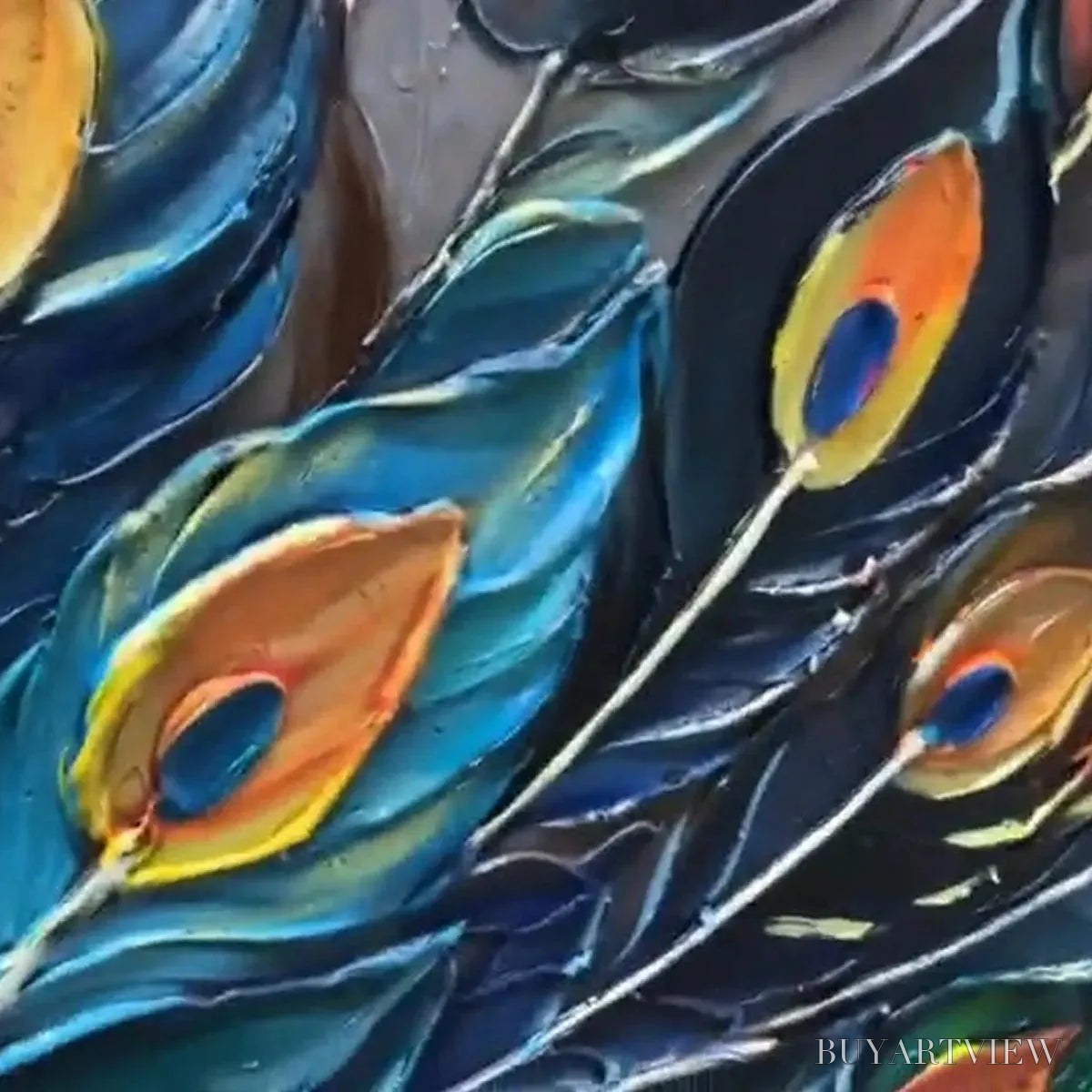 ARTOVITAS Majestic Plumage – Textured Peacock Painting, Impasto , Horizontal Canvas, Animal Decor - image 3