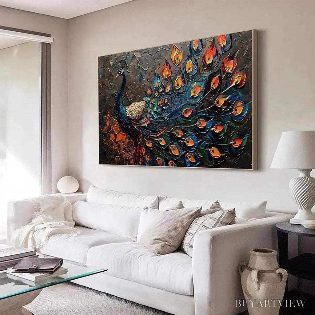 ARTOVITAS Majestic Plumage – Textured Peacock Painting, Impasto , Horizontal Canvas, Animal Decor - image 4