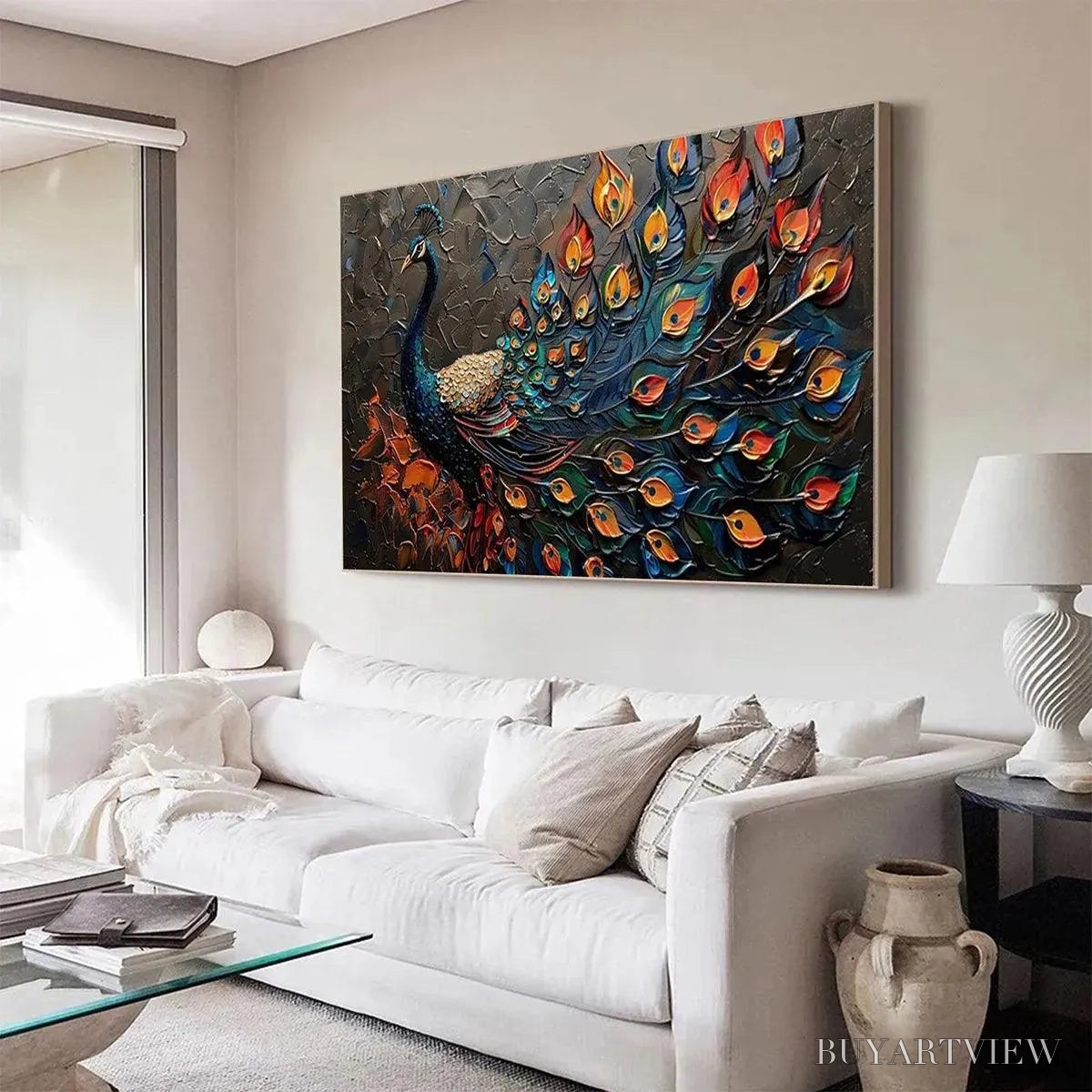 ARTOVITAS Majestic Plumage – Textured Peacock Painting, Impasto , Horizontal Canvas, Animal Decor - image 4