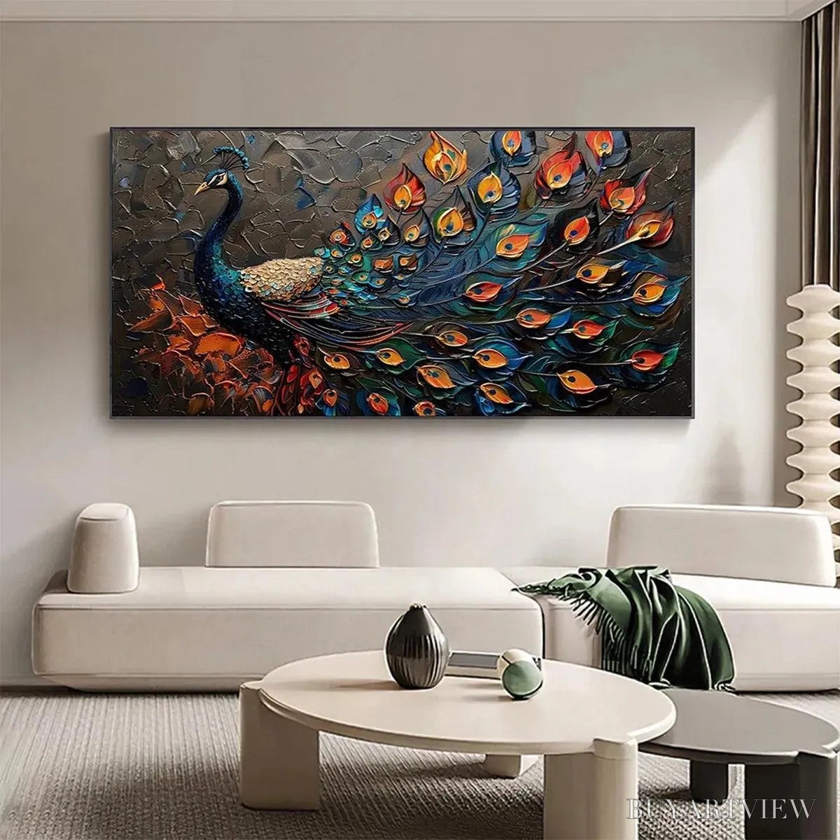 ARTOVITAS Majestic Plumage – Textured Peacock Painting, Impasto , Horizontal Canvas, Animal Decor - image 5