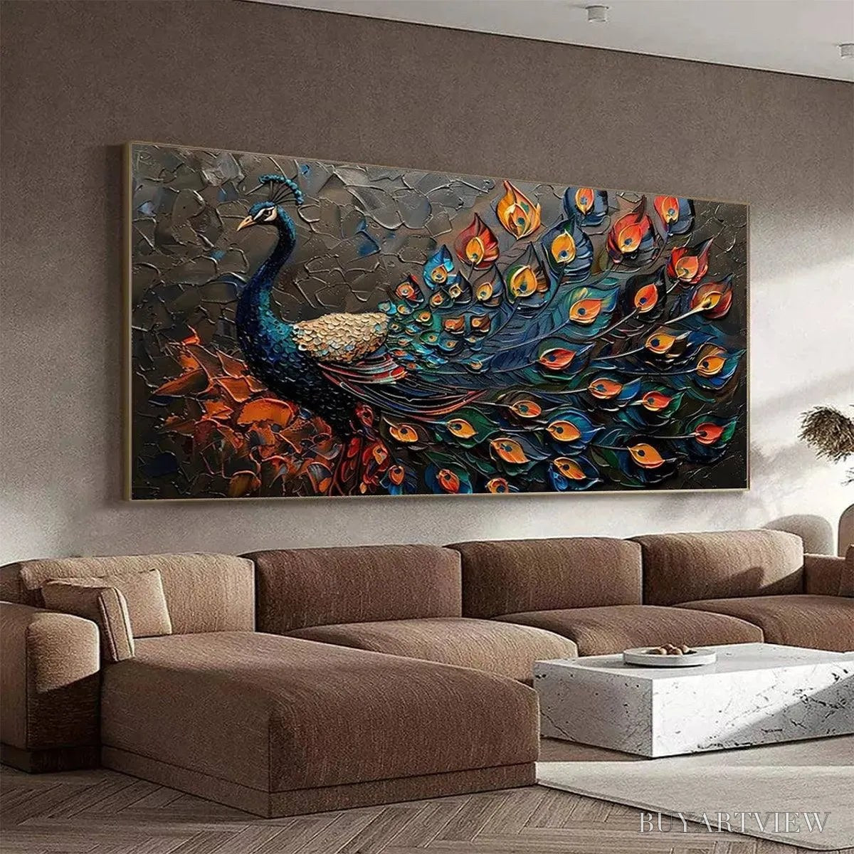 ARTOVITAS Majestic Plumage – Textured Peacock Painting, Impasto , Horizontal Canvas, Animal Decor - image 6