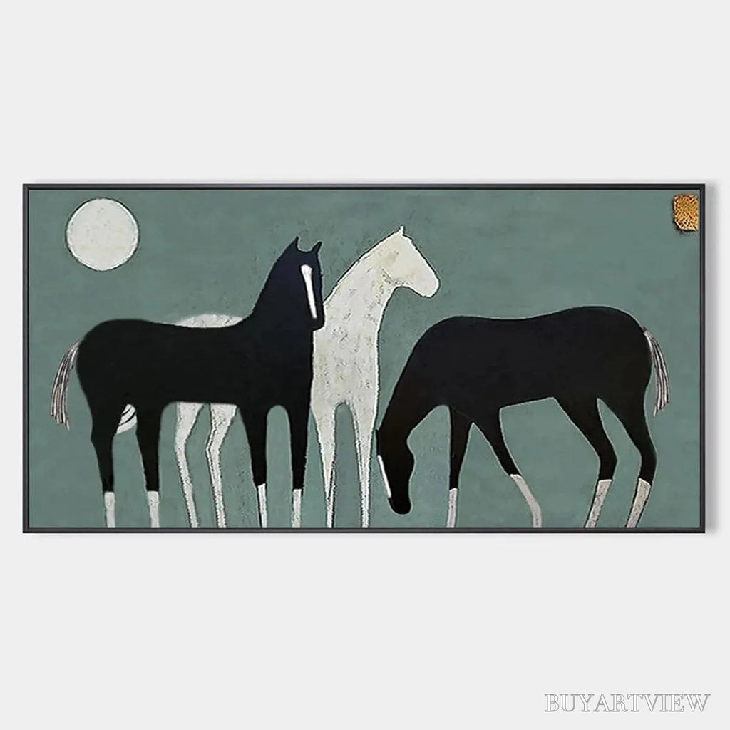 ARTOVITAS Three Horses Under the Moon – Minimalist Horse Painting, Panoramic - image 1