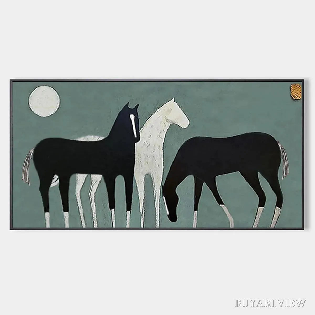 ARTOVITAS Three Horses Under the Moon – Minimalist Horse Painting, Panoramic - image 1