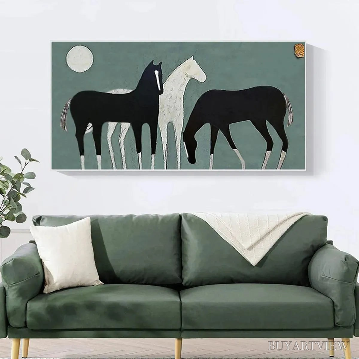 ARTOVITAS Three Horses Under the Moon – Minimalist Horse Painting, Panoramic - image 2