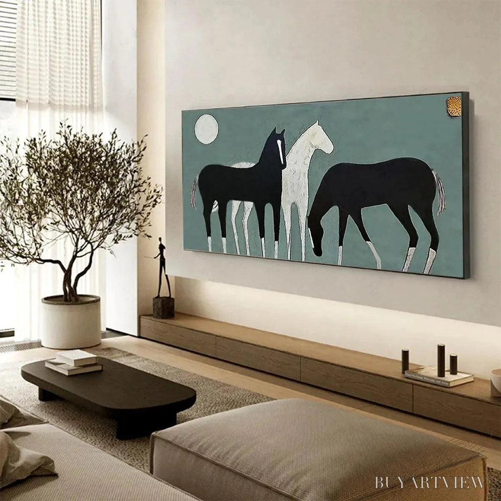 ARTOVITAS Three Horses Under the Moon – Minimalist Horse Painting, Panoramic - image 4