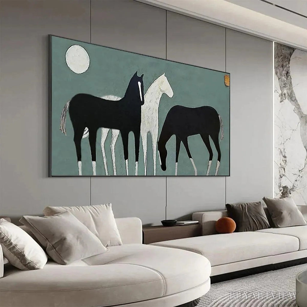 ARTOVITAS Three Horses Under the Moon – Minimalist Horse Painting, Panoramic - image 6