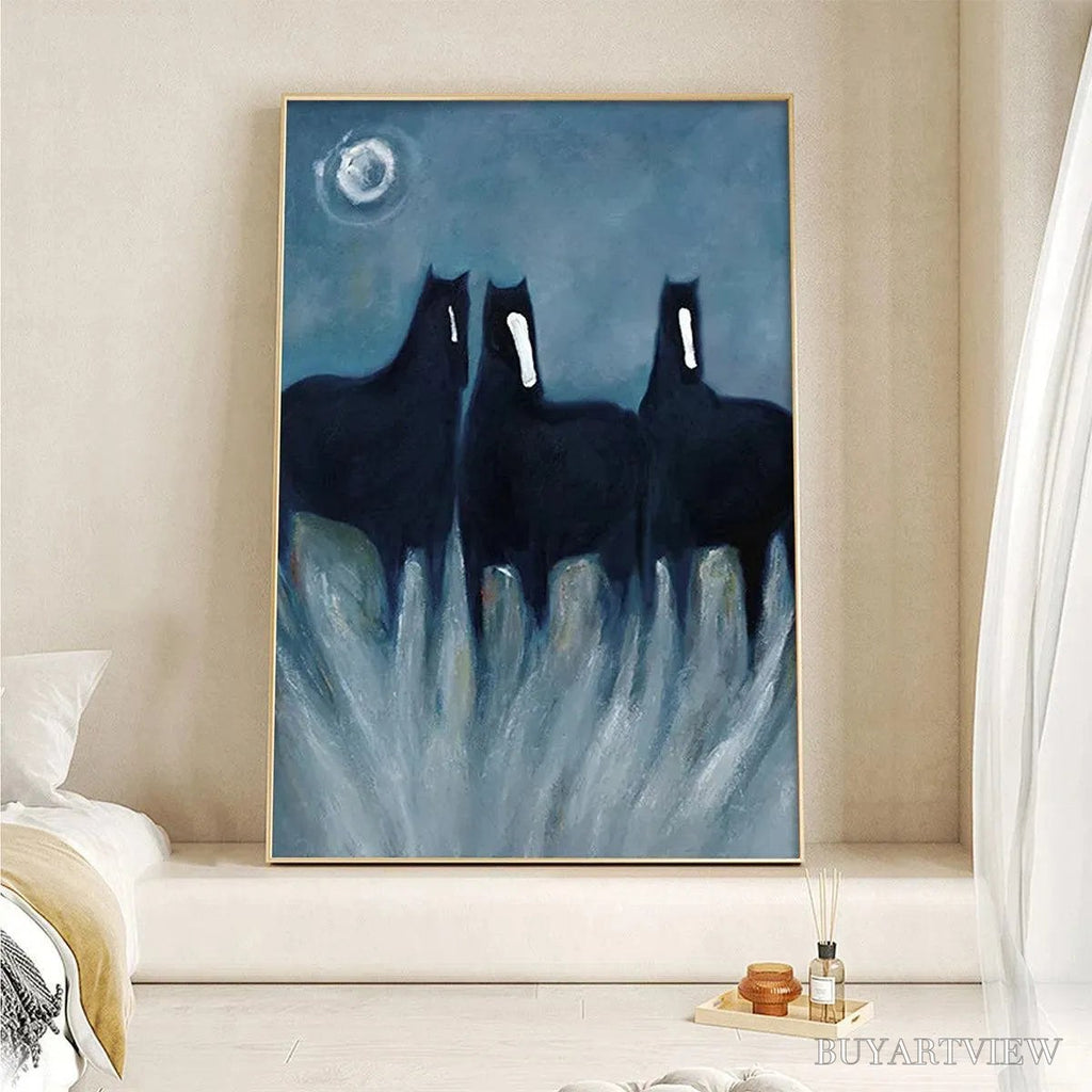 ARTOVITAS Three Horses At Night – Minimalist Horse Painting, Vertical - image 2