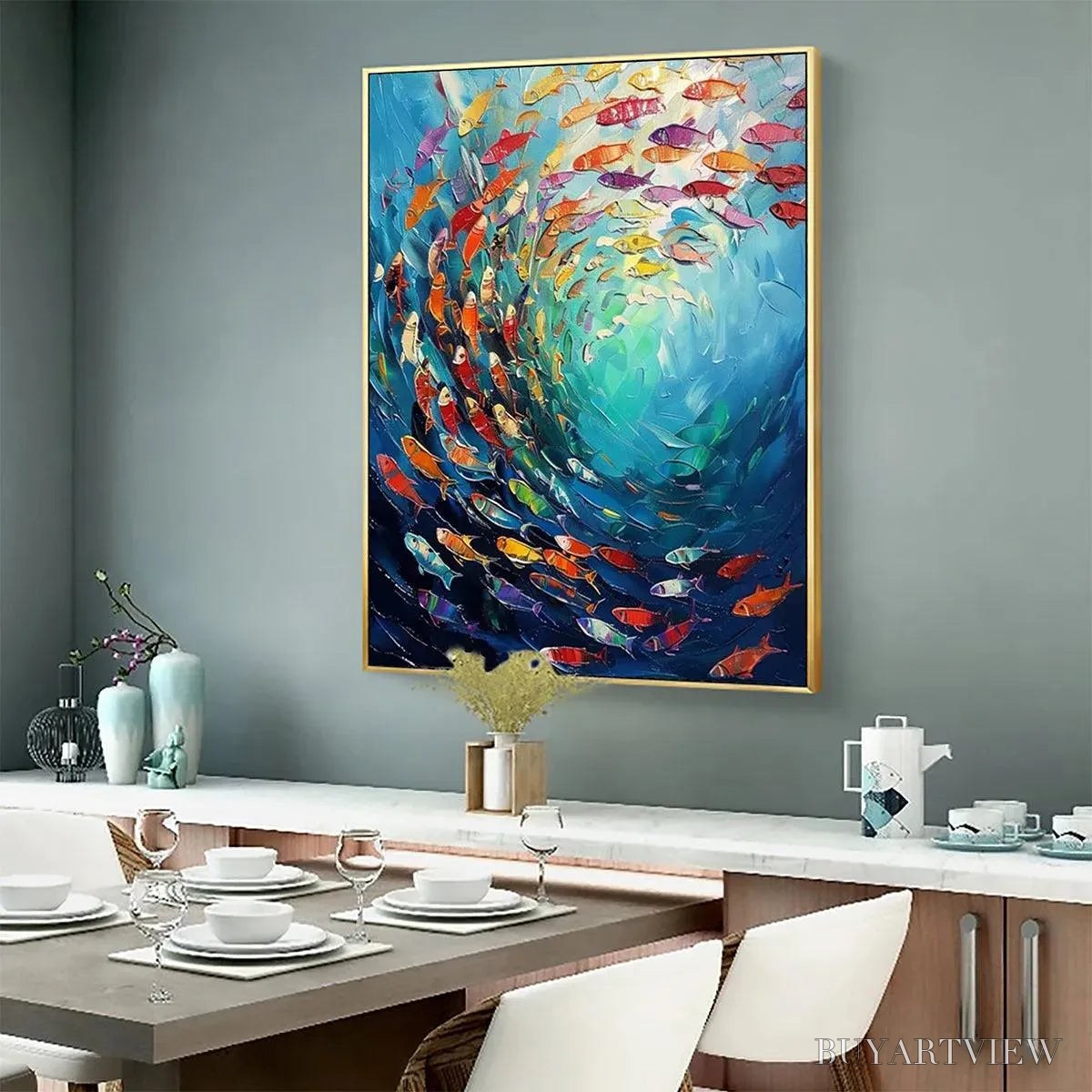 ARTOVITAS Whirlpool of Fish – Colorful School of Fish Painting - image 5