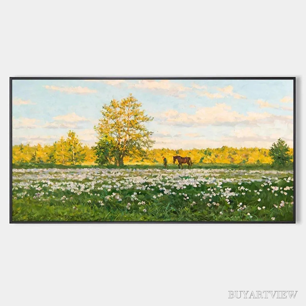 ARTOVITAS Sunlit Meadow – Tranquil Landscape Painting with Horse and Figure - image 1