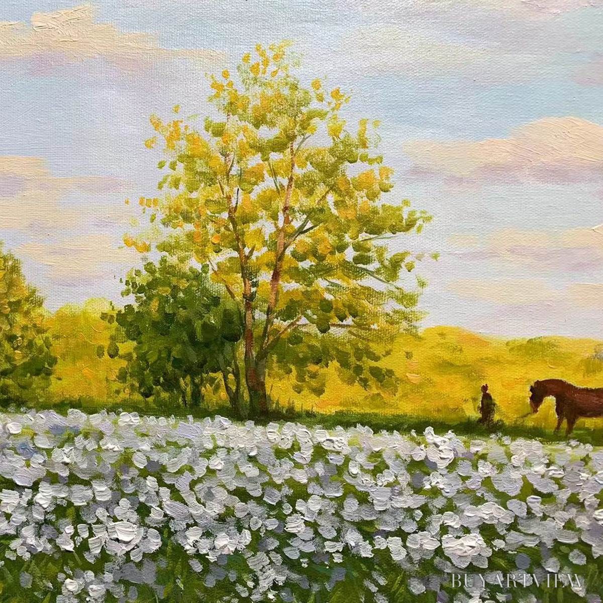 ARTOVITAS Sunlit Meadow – Tranquil Landscape Painting with Horse and Figure - image 2
