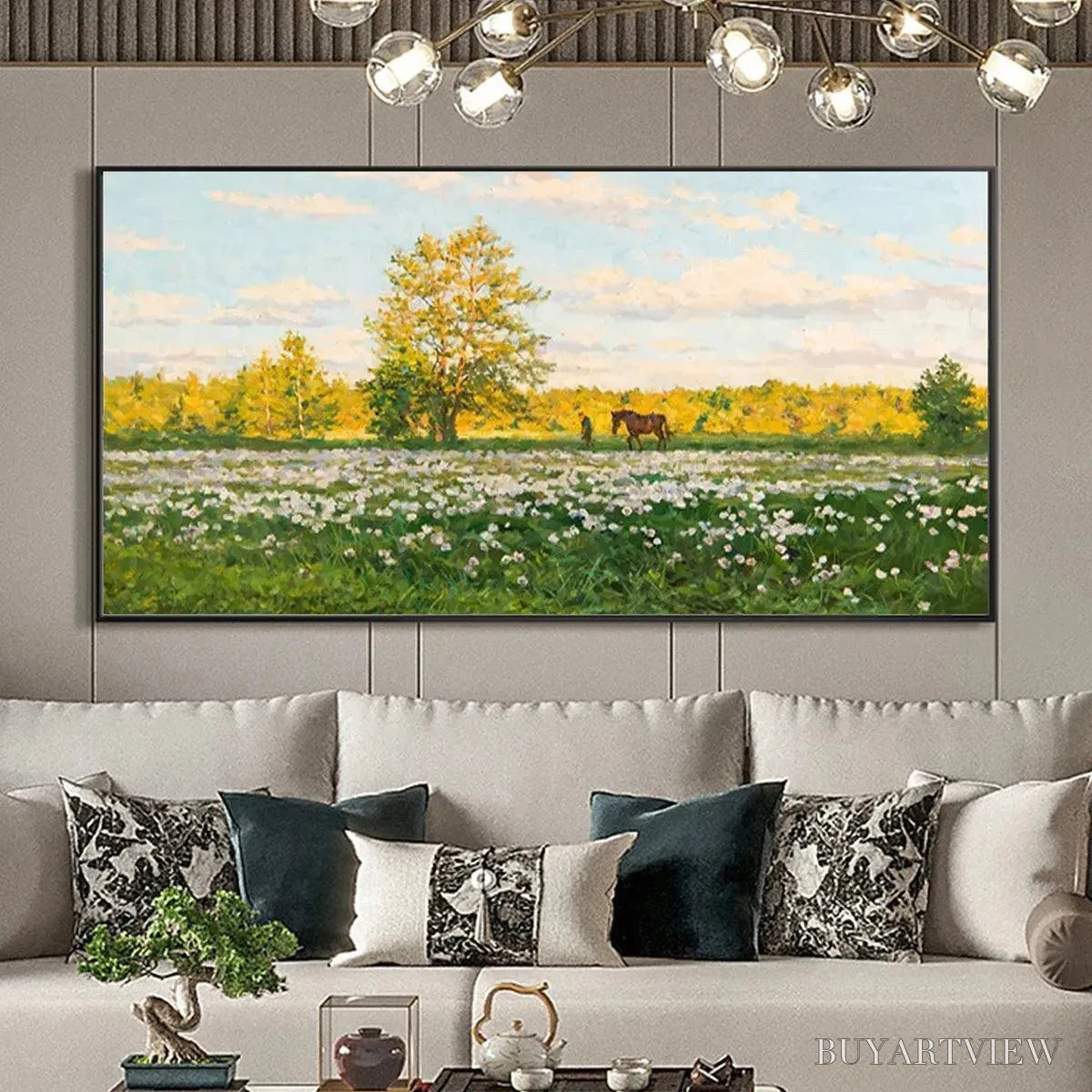 ARTOVITAS Sunlit Meadow – Tranquil Landscape Painting with Horse and Figure - image 3