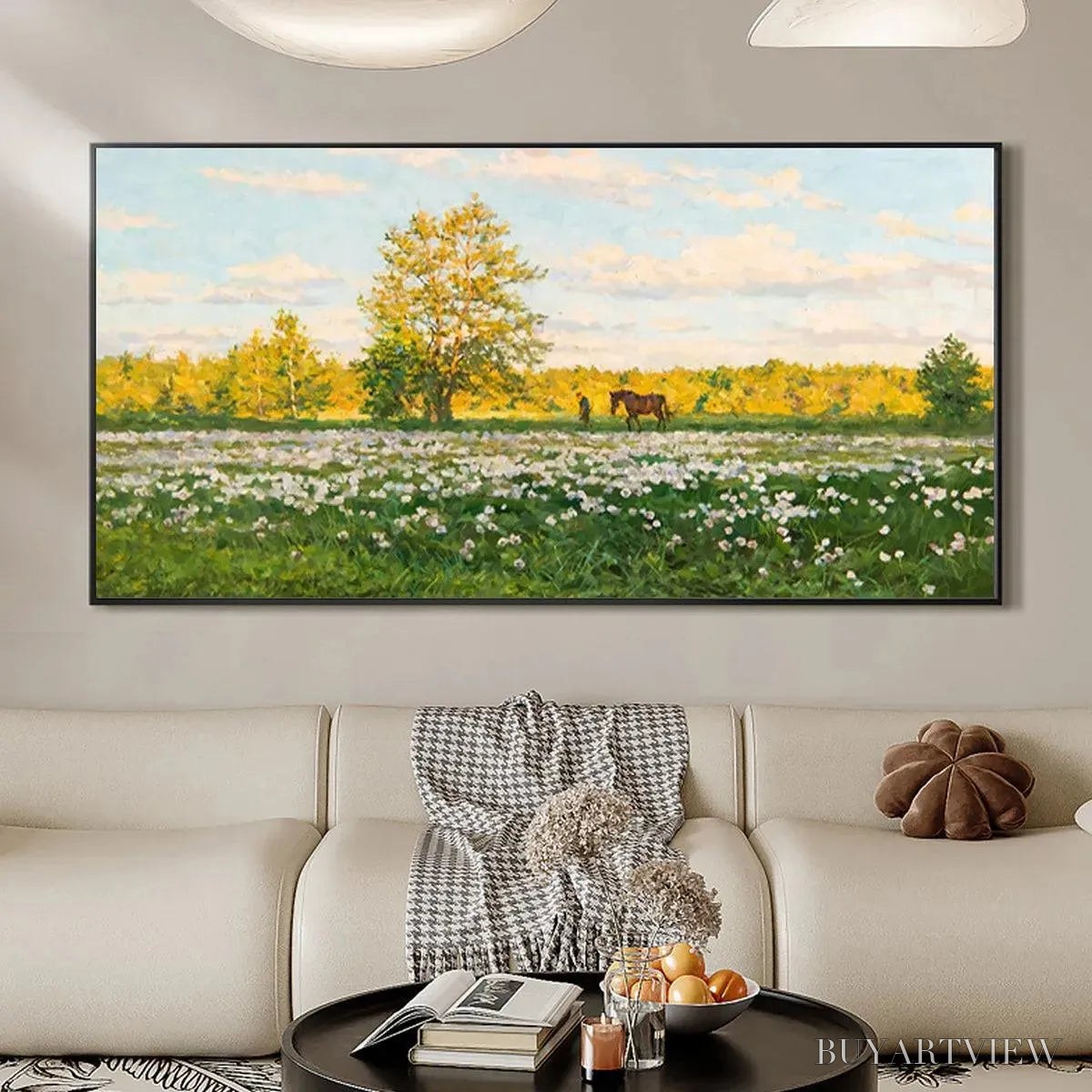 ARTOVITAS Sunlit Meadow – Tranquil Landscape Painting with Horse and Figure - image 4