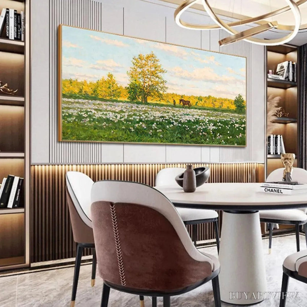 ARTOVITAS Sunlit Meadow – Tranquil Landscape Painting with Horse and Figure - image 6