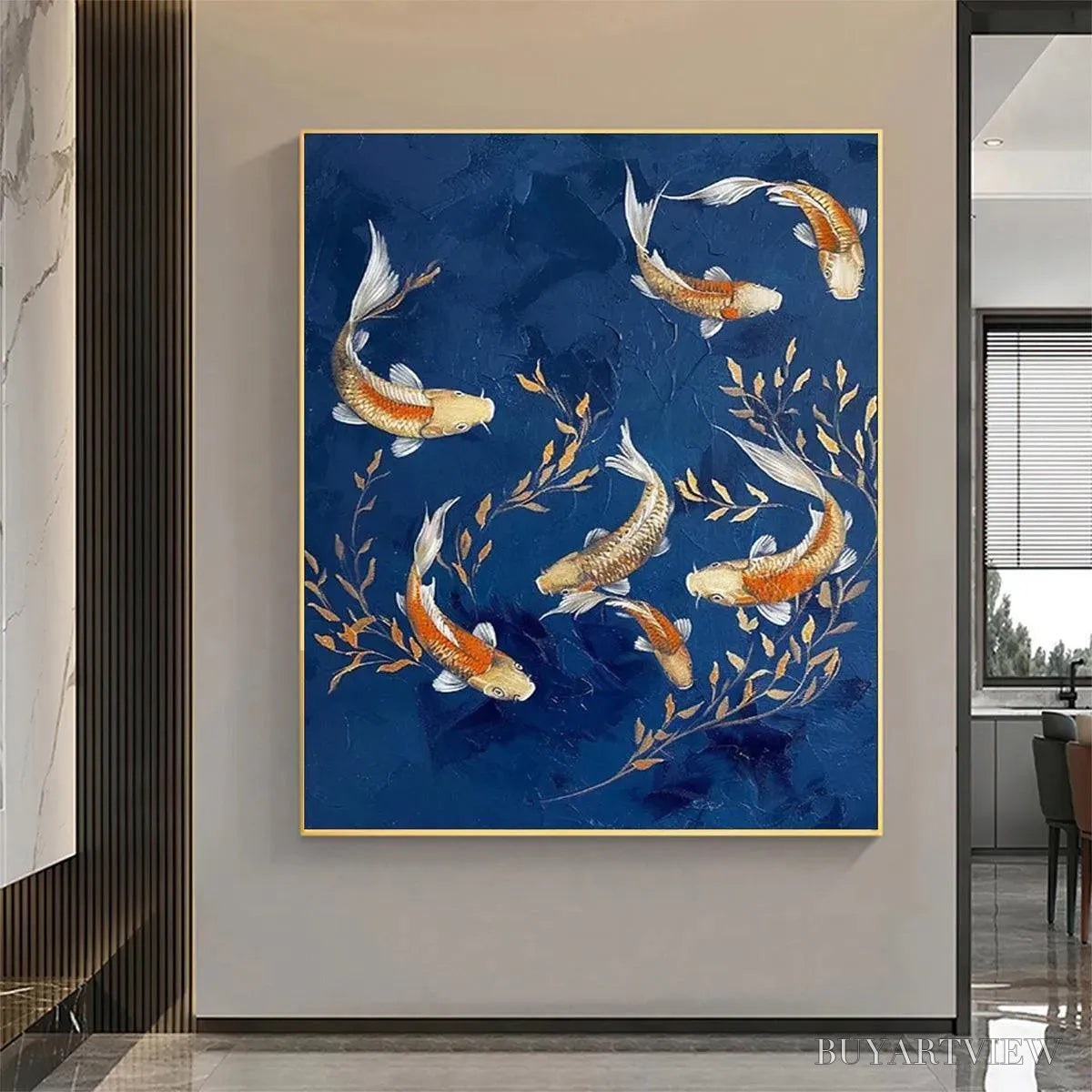 ARTOVITAS Golden Koi – Vertical Koi Fish Painting on Blue Background - image 2