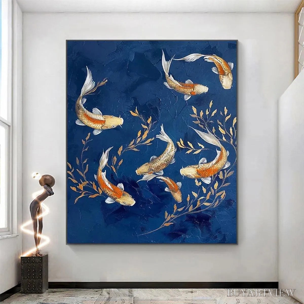 ARTOVITAS Golden Koi – Vertical Koi Fish Painting on Blue Background - image 4