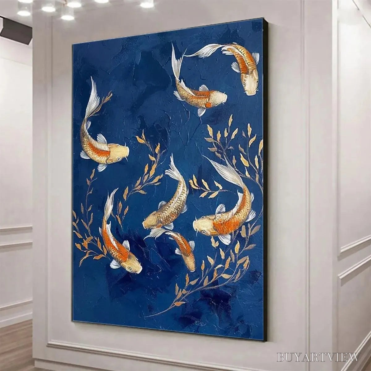 ARTOVITAS Golden Koi – Vertical Koi Fish Painting on Blue Background - image 6