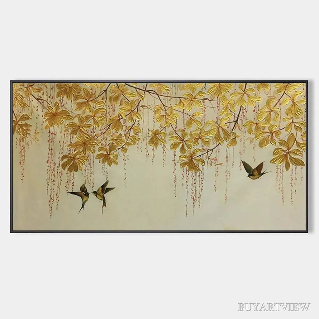 ARTOVITAS Golden Garden – Panoramic Golden Leaf and Bird Painting | Asian Art - image 1