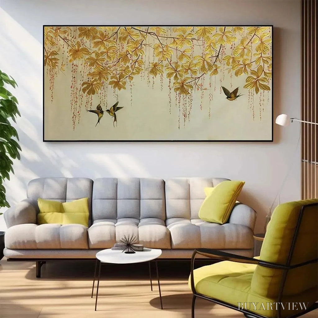 ARTOVITAS Golden Garden – Panoramic Golden Leaf and Bird Painting | Asian Art - image 2