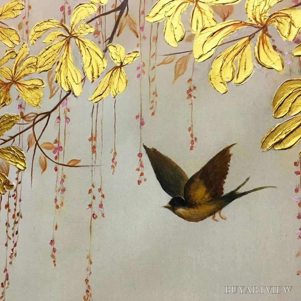 ARTOVITAS Golden Garden – Panoramic Golden Leaf and Bird Painting | Asian Art - image 3