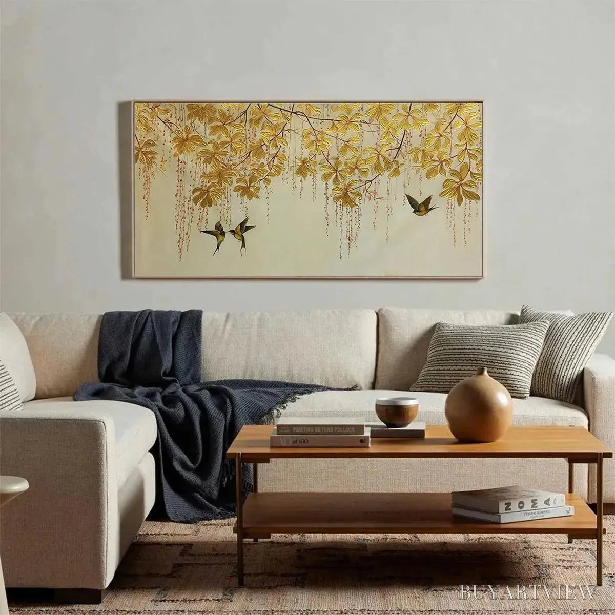 ARTOVITAS Golden Garden – Panoramic Golden Leaf and Bird Painting | Asian Art - image 4