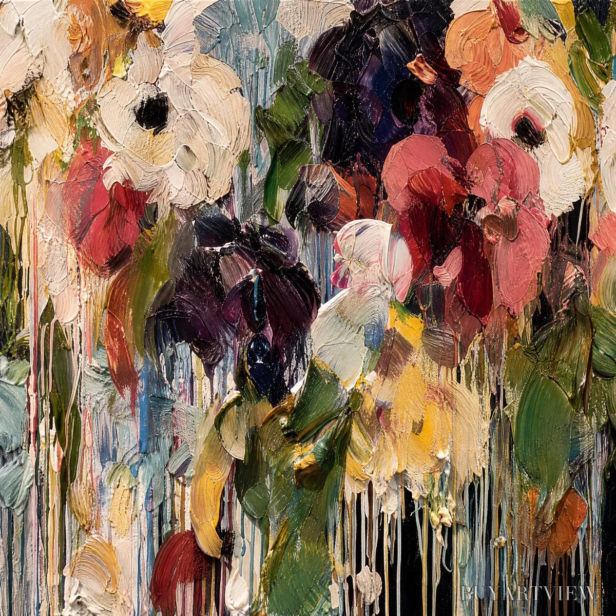 ARTOVITAS Chromatic Cascade – Colorful Abstract Floral Painting with Heavy Texture and Drips - image 3